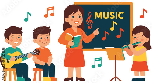 Diverse group of children enjoying music lesson with teacher, playing instruments like guitar and flute. Shows collaborative learning and musical education for young students.