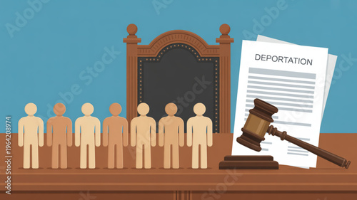 Deportation concept with judge gavel and people standing in line on wooden desk against blue background