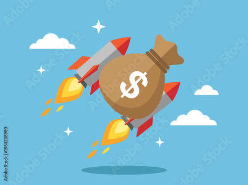 An illustration of a money bag powered by rockets symbolizes the rapid growth and upward trajectory of financial success in the modern economy.