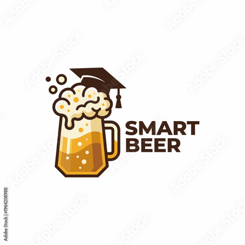 A clever and humorous logo design for a smart beer brand featuring a mug of beer topped with froth and a graduation cap, symbolizing fun and learning.