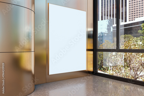 Vertical blank poster mockup in a modern indoor corridor with metallic walls and large window light creating a clean presentation display concept. 3D Rendering