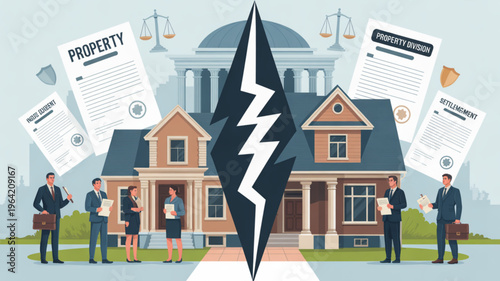 Business people stand in front of house with property deeds and litigation concept