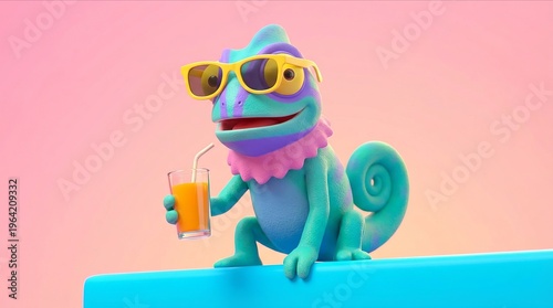 Colorful Cartoon Chameleon Wearing Sunglasses Sitting with Drink on Blue Surface in Bright Pink Background