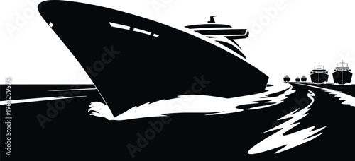 ship, large ship, smaller ships, water, waves, black and white, silhouette, boats, vessels, transportation, maritime, nautical, fleet, lead ship, car Large ship leading smaller ships on waterway waves