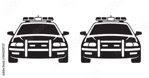 Police car black vector icon, american cop vehicle front view, law enforcement patrol graphic.