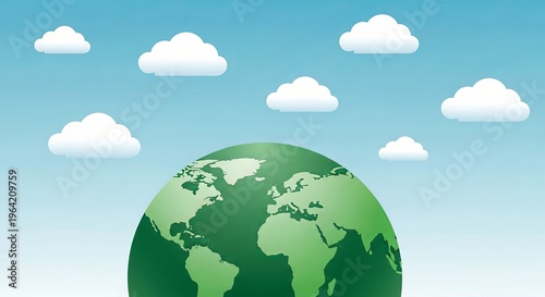 Illustration of a green planet earth with white clouds in sky background