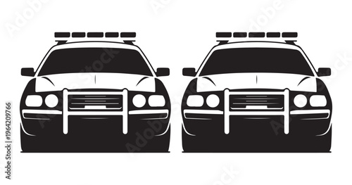 Police car black vector icon, american cop vehicle front view, law enforcement patrol graphic.
