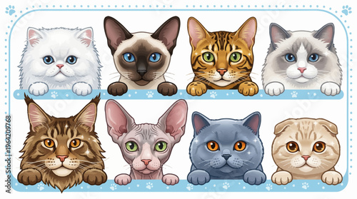 Vector illustration of various cat breeds peeking over a blue border with paw prints, including Persian, Siamese, Bengal, Ragdoll, Maine Coon, and Sphynx cats.