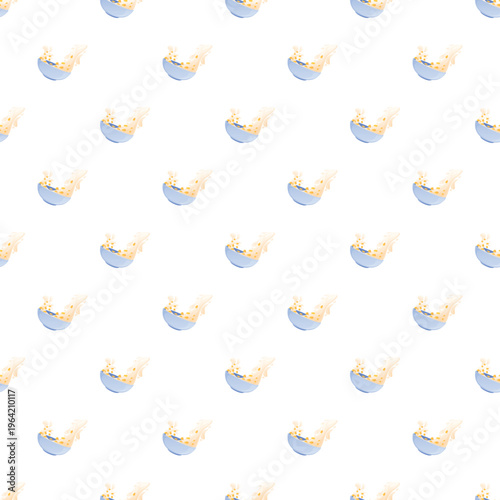 Cereal bowls with splashing milk and flakes creating a seamless breakfast pattern