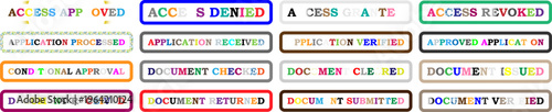 Vector set of approval stamp icons and labels with text, business document status indicators