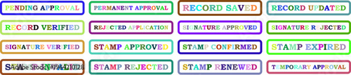 Vector assorted rubber stamp icons indicating status and approval for documents, office seals