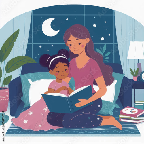 Mother Reading a Bedtime Story to Daughter: Cozy Night Illustration of Family Bonding, Literacy, and Diverse Parent-Child Relationship
