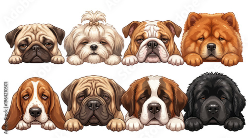 Cute Set of Eight Sleepy Dog Breeds Peeking Over Edge Illustration Featuring Pug Shih Tzu Bulldog Chow Chow Basset Hound Mastiff Saint Bernard Newfoundland