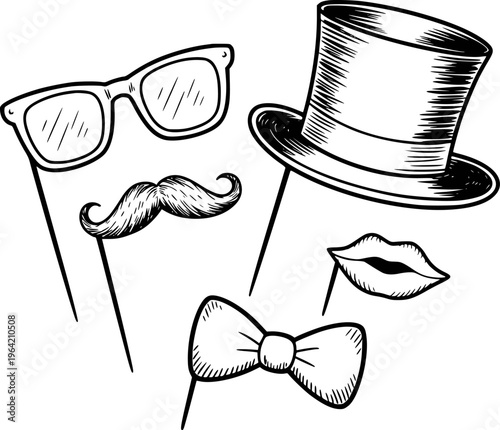 Black and White Hand Drawn Booth Props Including Hat Mustache Glasses Lips Bowtie
