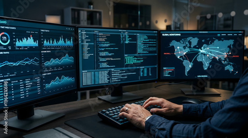 professional security analyst working at triple monitor workstation with global monitoring map network traffic data charts and computer code for cyber security operation center