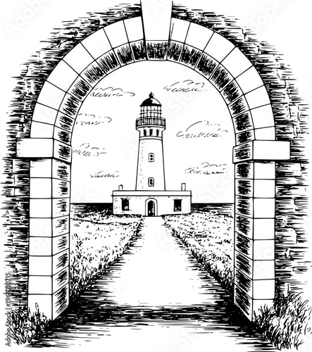 Stone archway framing a lighthouse path leading to the sea with grassy shores