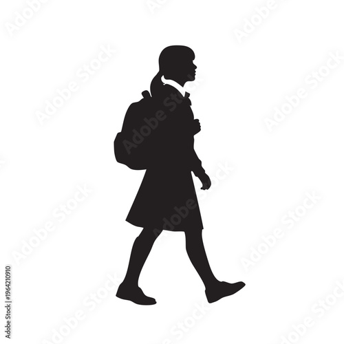 Silhouette of a school girl with a backpack walking isolated on white background representing education and childhood journey