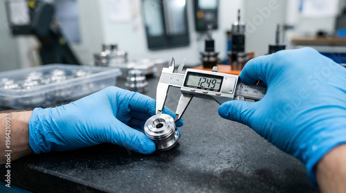quality control inspector using digital vernier caliper to measure precision metal part in industrial manufacturing factory workshop with blue gloves for engineering accuracy