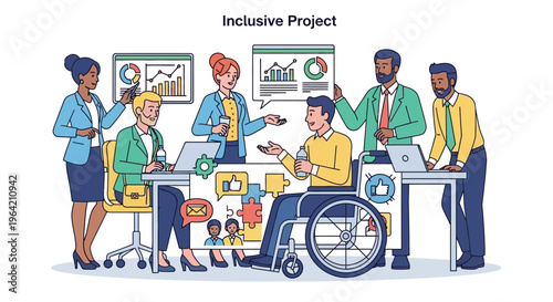 Diverse team working together inclusive project with disabled colleague