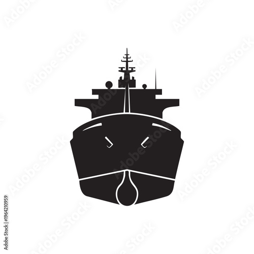 Front view silhouette of a cargo ship a simple black vector illustration for maritime logistics and transportation concepts isolated on white