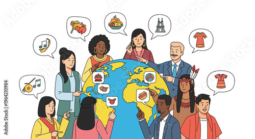 Diverse people around the world globe discussing culture and traditions