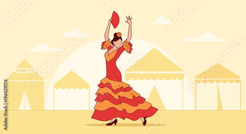 A vibrant flat design illustration of a flamenco dancer in a traditional dress, capturing the dynamic spirit of the Feria de Abril. 