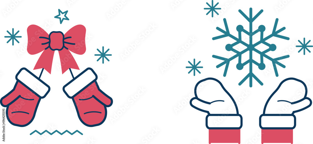 Obraz premium Holiday themed illustrations featuring gift bow and snowflake with mittens
