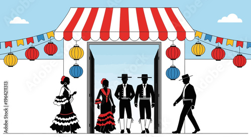 A cheerful flat design illustration showcasing the vibrant entrance of a traditional caseta, a social hub at the Feria de Abril, with people enjoying the festivities. 