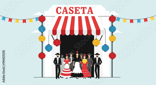 A cheerful flat design illustration showcasing the vibrant entrance of a traditional caseta, a social hub at the Feria de Abril, with people enjoying the festivities. 