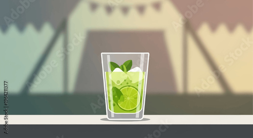 A crisp flat design illustration of a refreshing glass of Rebujito, the signature drink of the Feria de Abril, perfect for a warm spring day. 