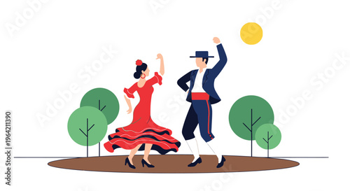 An energetic flat design illustration capturing a couple gracefully dancing sevillanas, the traditional folk dance of the Feria de Abril. 