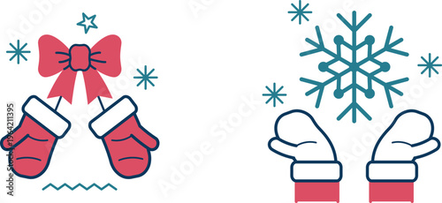 Holiday themed illustrations featuring gift bow and snowflake with mittens