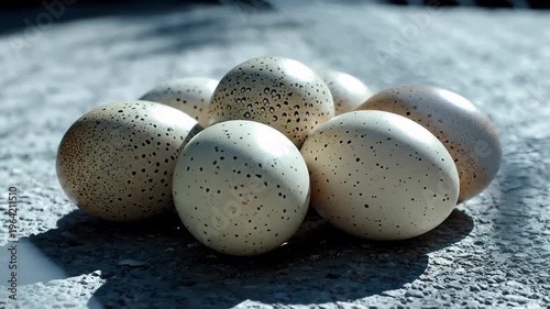 Close-Up Macro Shot of Speckled Bird Eggs on Textured Ground