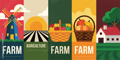 Agricultural landscape with farm buildings and fields