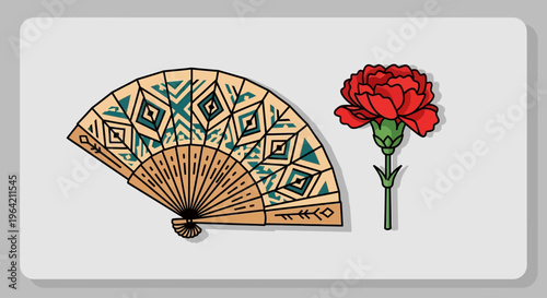 A beautiful flat design illustration featuring a classic Spanish fan and a vibrant flower, iconic accessories often seen during the Feria de Abril. 