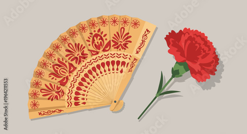 A beautiful flat design illustration featuring a classic Spanish fan and a vibrant flower, iconic accessories often seen during the Feria de Abril. 
