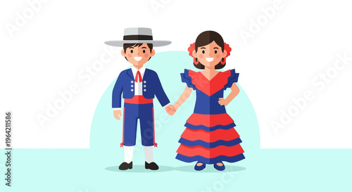 A heartwarming flat design illustration featuring two children dressed in charming traditional Feria de Abril costumes, embodying the family-friendly spirit of the festival. 