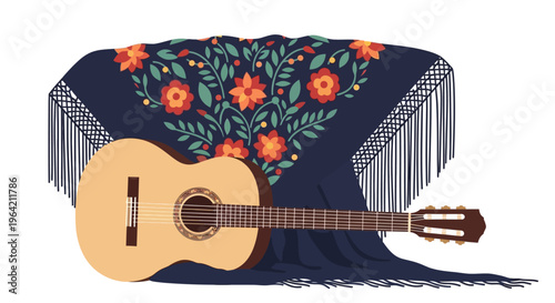 An artistic flat design illustration showcasing a flamenco guitar alongside a beautiful Mantón de Manila, representing the music and traditional artistry of Andalusian culture during the Feria de Abri