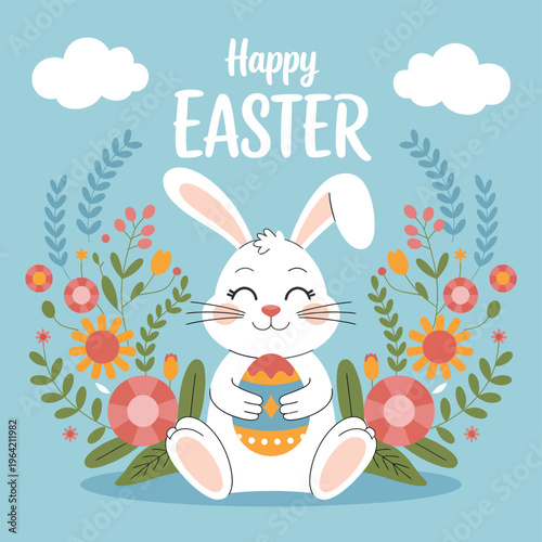 Whimsical Easter card with a smiling bunny holding a basket of colorful eggs