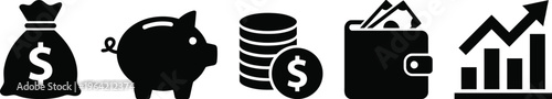 Finance icons. Business Icons, money signs. Money silhouette collection. Wallet with cards icon. Coins silhouette icon. Growth chart. Moneybag or stash. Piggy bank flat style - stock vector.