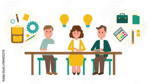 Business communication concept. Group of employees discussing idea at table. Brainstorming and company development, directors council or analytical department. Cartoon flat vector illustration