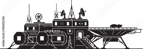 Vector silhouette illustration of futuristic space station research base with antennas and helipad