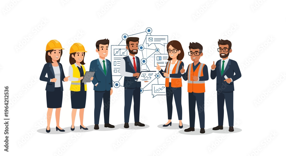 Obraz premium Business people and engineers standing together in front of a flowchart