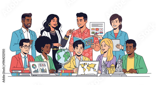 Diverse group of people learning together with laptops and books