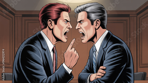 Two businessmen in a heated argument in a courtroom setting with wood paneling