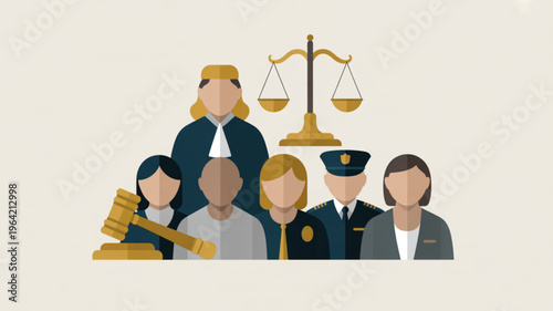 Diverse group of law professionals with judge police officer and legal symbols representing justice and equality in a courtroom setting with scales of justice and gavel