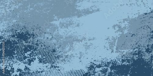 A textured blue background features frozen water drops on a vintage glass window with a cold grunge pattern of winter frost and ice on the surface