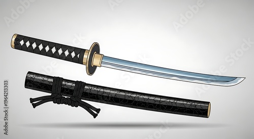 A detailed illustration of a Japanese katana sword and its scabbard on a plain background