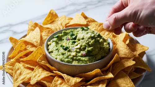 Hand Dipping Tortilla Chip Into Fresh Guacamole Surrounded by Tortilla Chips