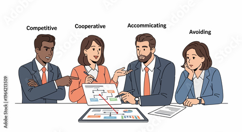 Four people at a table discussing strategies with a tablet and papers